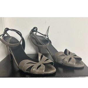 Hermes Metallic Pewter Strappy Open-Toe Ankle Strap Heels